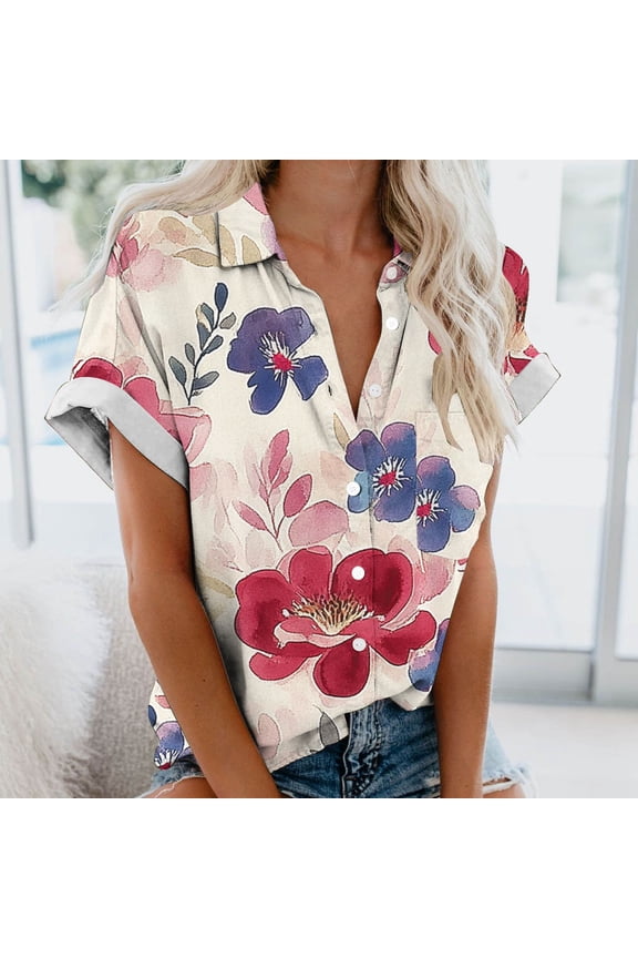 Blouses for Women Prints Hawaiian Button Down Shirts for Women Casual Short Sleeve Floral Print Blouses Summer Tops