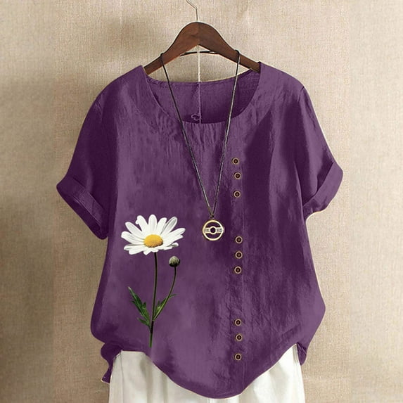 Blouses for Women Prints Linen Cotton Comfy Short Sleeve Dressy Shirts Round Neck Women's Tops Summer Floral Print Casual Tshirts Tunic