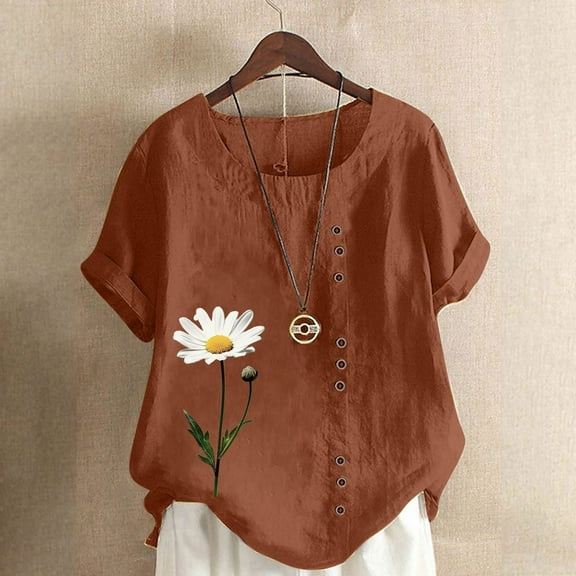 Blouses for Women Prints Linen Cotton Comfy Short Sleeve Dressy Shirts Round Neck Women's Tops Summer Floral Print Casual Tshirts Tunic