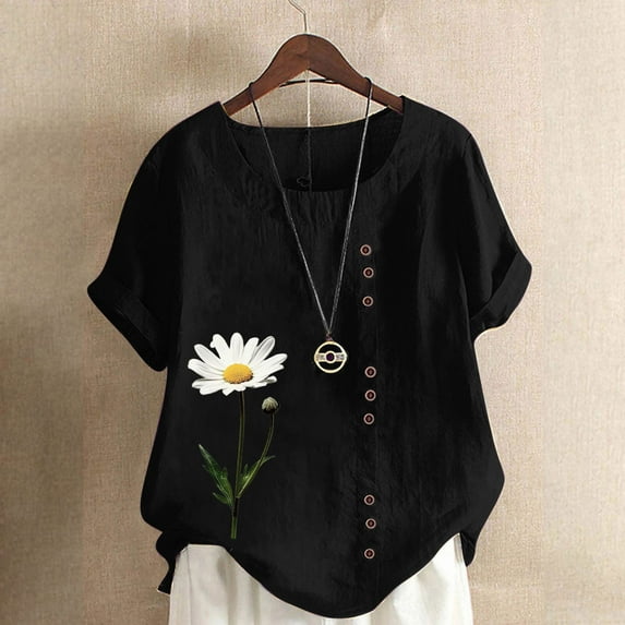 Blouses for Women Prints Linen Cotton Comfy Short Sleeve Dressy Shirts Round Neck Women's Tops Summer Floral Print Casual Tshirts Tunic
