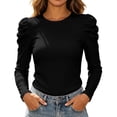 thumbnail image 1 of Blouses for Women Puff Shoulder Ribbed Tops Crew Neck Long Sleeve Shirts Solid Color Casual Blouse, 1 of 8