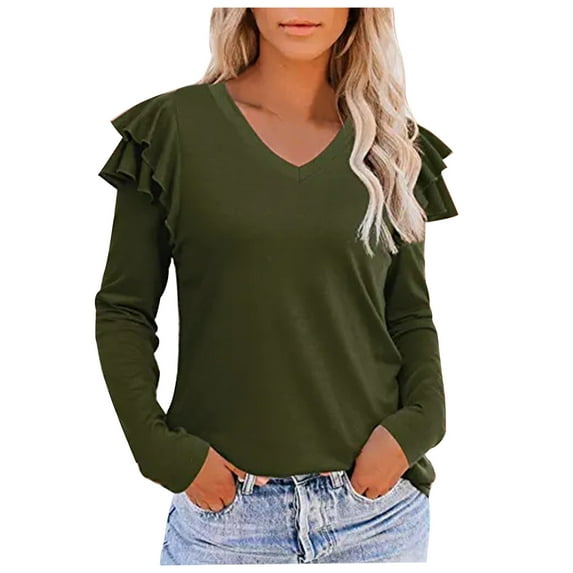 Blouses for Women Ruffle Long Sleeve Fashion Casual Solid Color Loose Pullover V Neck Long Sleeve Tops