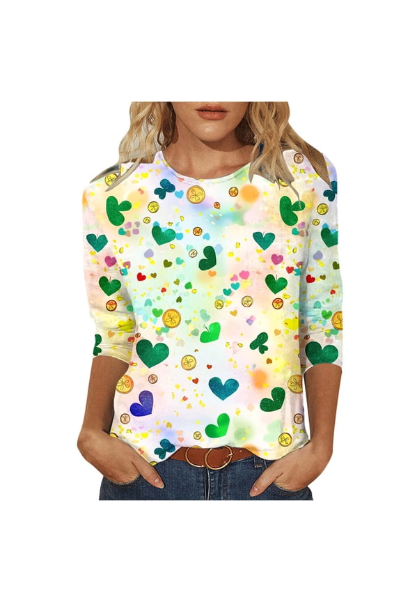 Saint Patrick's Day Shirts for Women 3/4 Sleeve Shamrock Clover Tops Casual Loose Irish Blouses