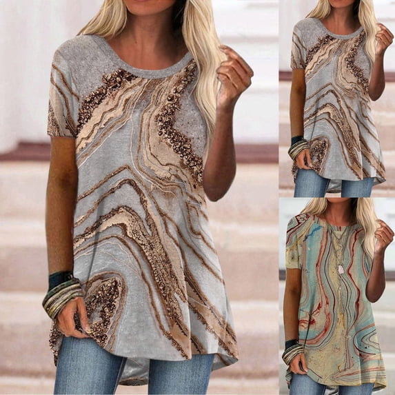 Blouses for Women Short Sleeve Crew Neck Fashion Print T Shirt Top Blouse Summer Tops L