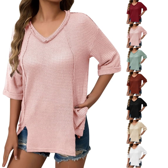 Blouses for Women Short Sleeve Fashion Summer Solid Color V-neck Five Quarter Sleeve Top T-shirt Tops for Women Trendy Pink M