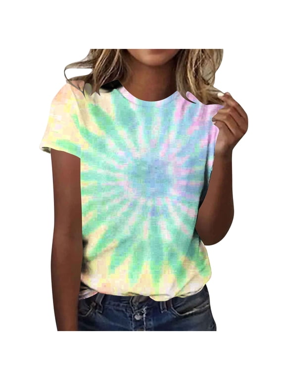 Blouses for Women Short Sleeve,Summer Tops for Women Tie Dye Shirt Fitted Short Sleeve Casual Summer Spring Vacation Going Out Tee Tops
