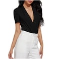 thumbnail image 1 of Blouses for Women Short Sleeve V-Neck Short Sleeve Pleated Solid Color Fashion Top Bodysuit Blouses Tops for Women Trendy Black XL, 1 of 6