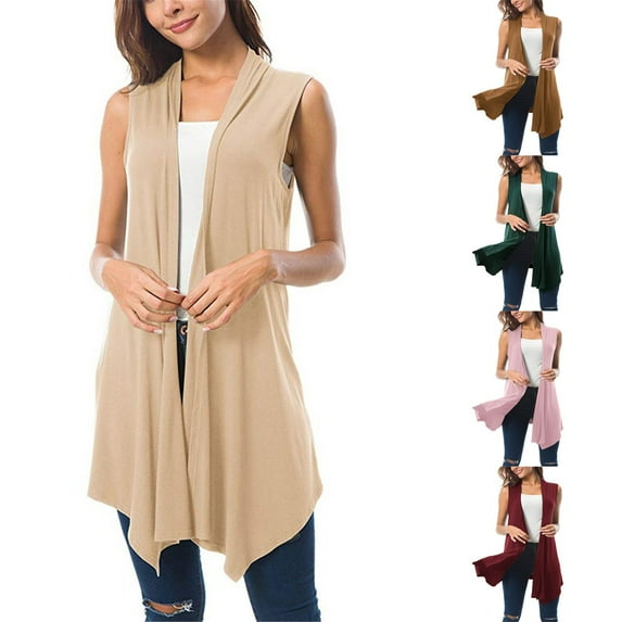 Blouses for Women Sleeveless Draped Open Front Cardigan Vest Asymmetric Hem Khaki Casual Summer Tops L