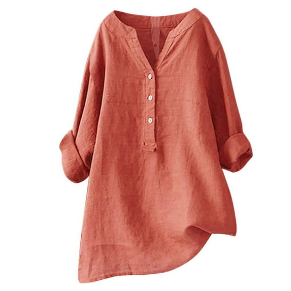 Blouses for Women Solid Loose Plus Size Long Cotton Texture Dress Shirt Button Down Shirts Casual Tops