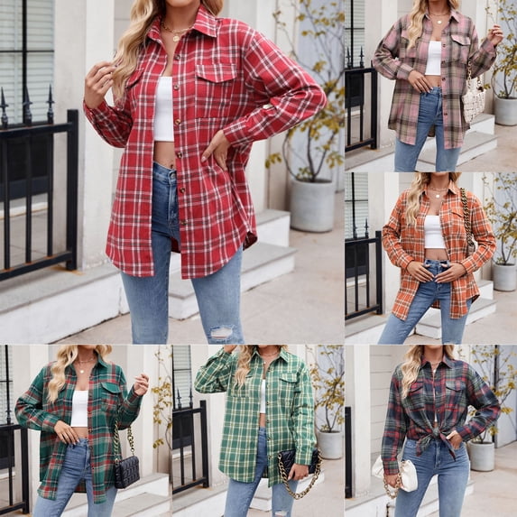 Blouses for Women Spring Lapel Collared Plaid Button Down Fashion Tops Business Casual Long Sleeve Shirts