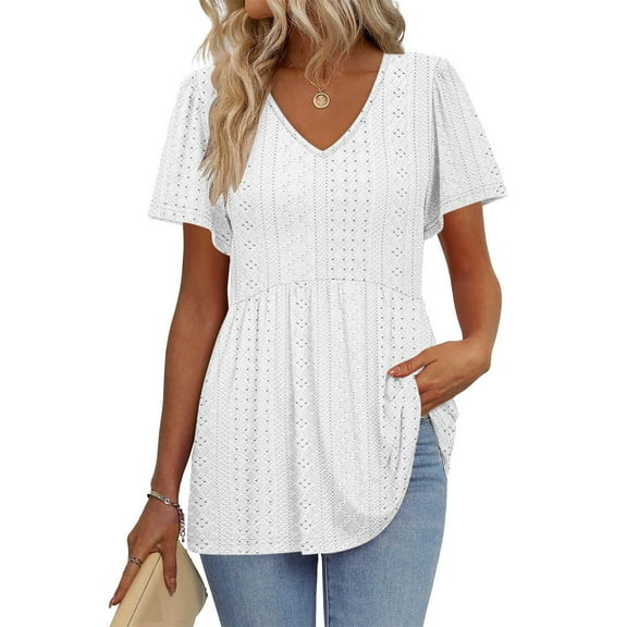 Blouses for Women Summer Dressy Tops Casual Solid Color Lock Short Sleeved Round Neck Top Shirts