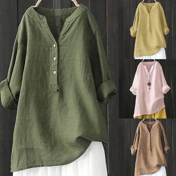 Blouses for Women Summer Long Sleeve Dressy Casual Work Shirts Henley Neck Spring Button Down Solid Color Business Tops