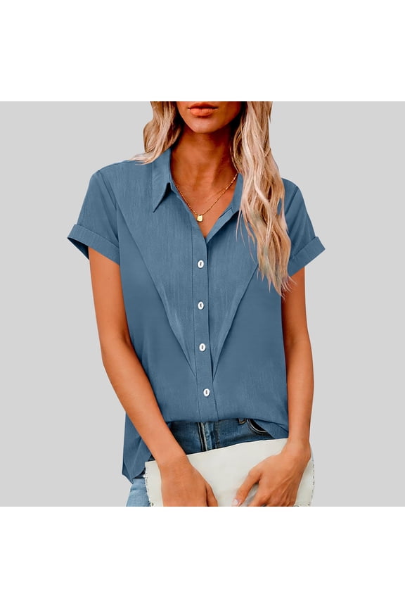 Blouses for Women Summer New Women's Lapel Short Sleeve Loose Button Imitation Linen Tunic Summer Blouse Style B-19 Blue S