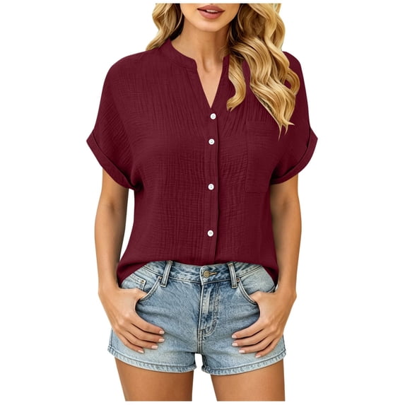 Blouses for Women Summer V Neck Short Sleeve Button Down Shirts Business Casual Tops Women's Clothing