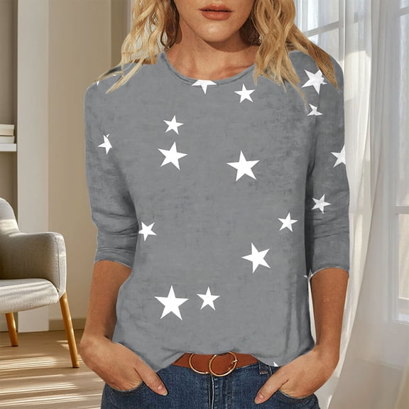 Blouses for Women Trendy 3/4 Sleeve Crew Neck Workout Clothes Comfort Loose Fit Stars Print Dressy Casual Shirts Blouses for Women Business Casual