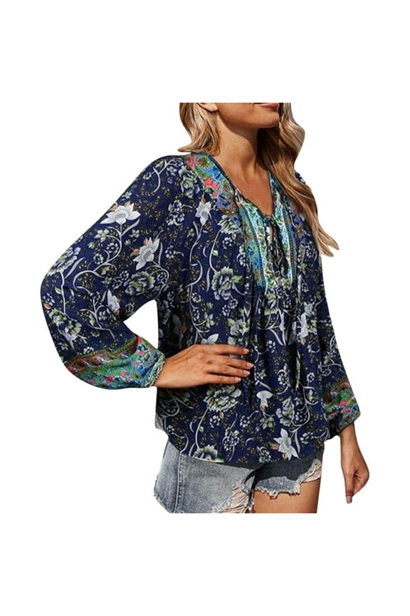 Blouses for Women Trendy Boho Floral Printed V Neck Long Sleeve Beach Shirts Drawstring Summer Casual Loose Fit Tunic Tops