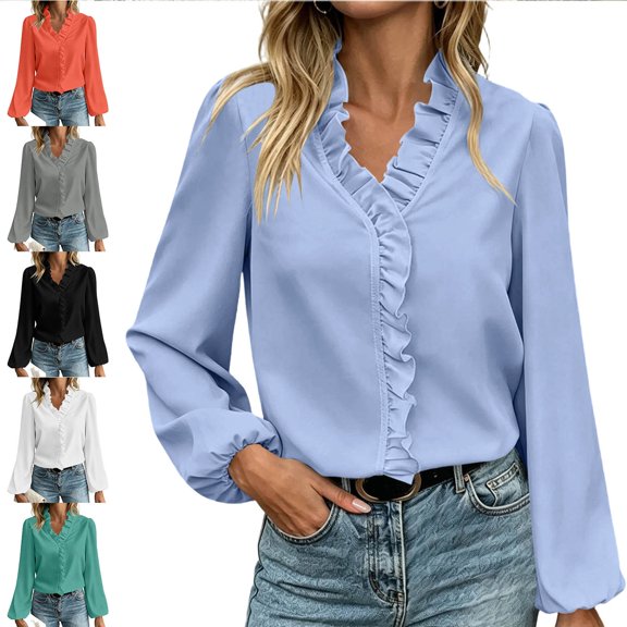 Blouses for Women Trendy Ruffle Trim V-Neck Blouse with Bubble Long Sleeve Office Smart Casual Date Top Blue S