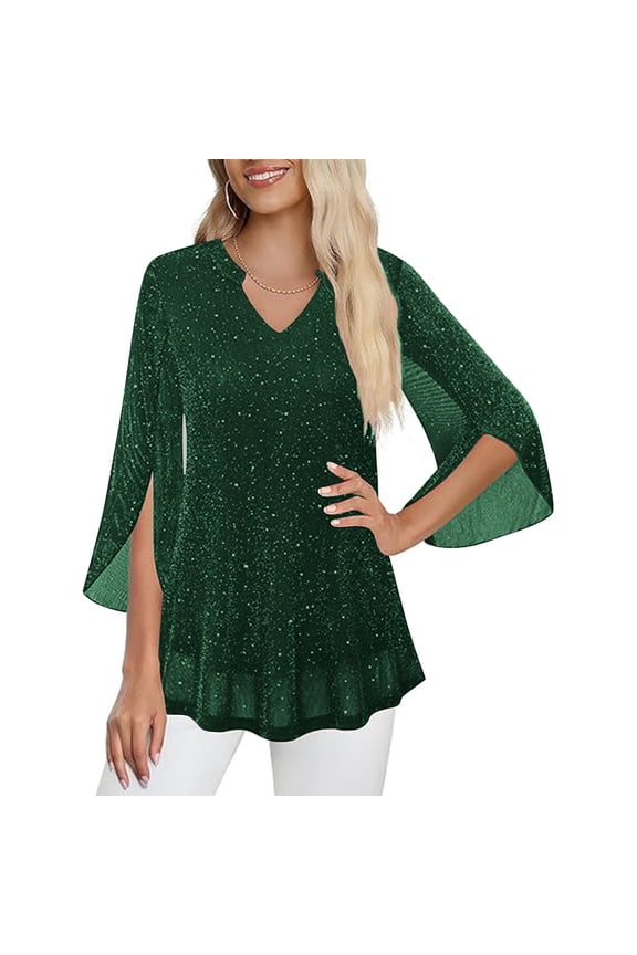 Blouses for Women V-Neck 3/4 Sleeve Top Sparkle Party Dressy Business Casual Loose Fit Shirt Breathable Comfy Chiffon Blouses