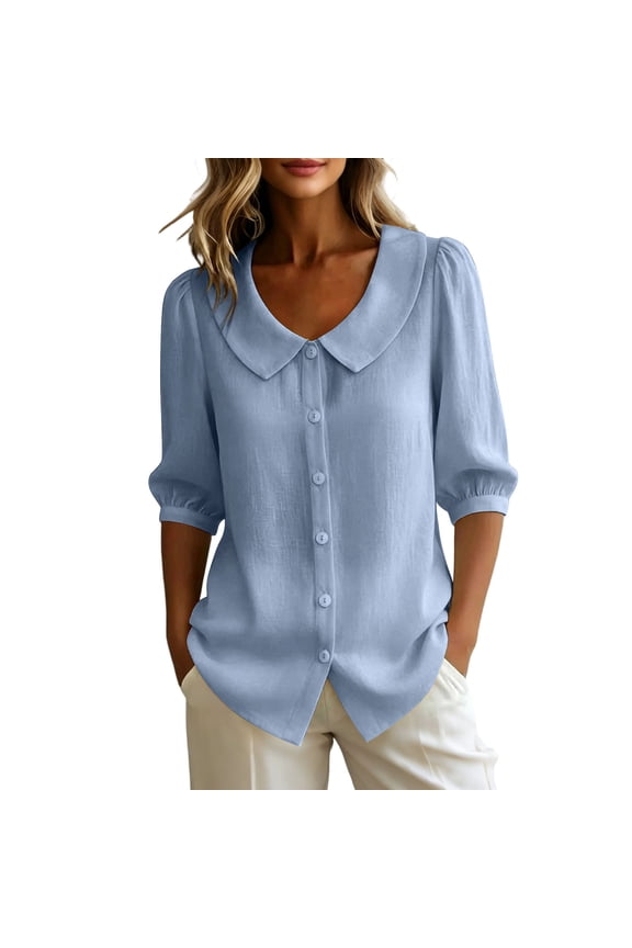 Blouses for Women Vintage Collared Button Front Blouse with Puff 3/4 Sleeves Casual Linen Blend Summer Top Sky Blue M