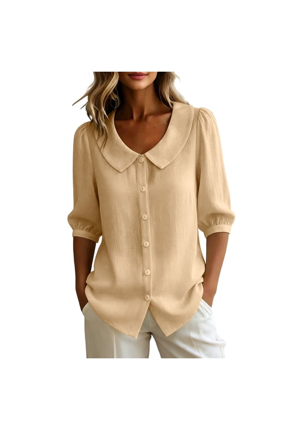 Blouses for Women Vintage Collared Button Front Blouse with Puff 3/4 Sleeves Casual Linen Blend Summer Top Yellow S