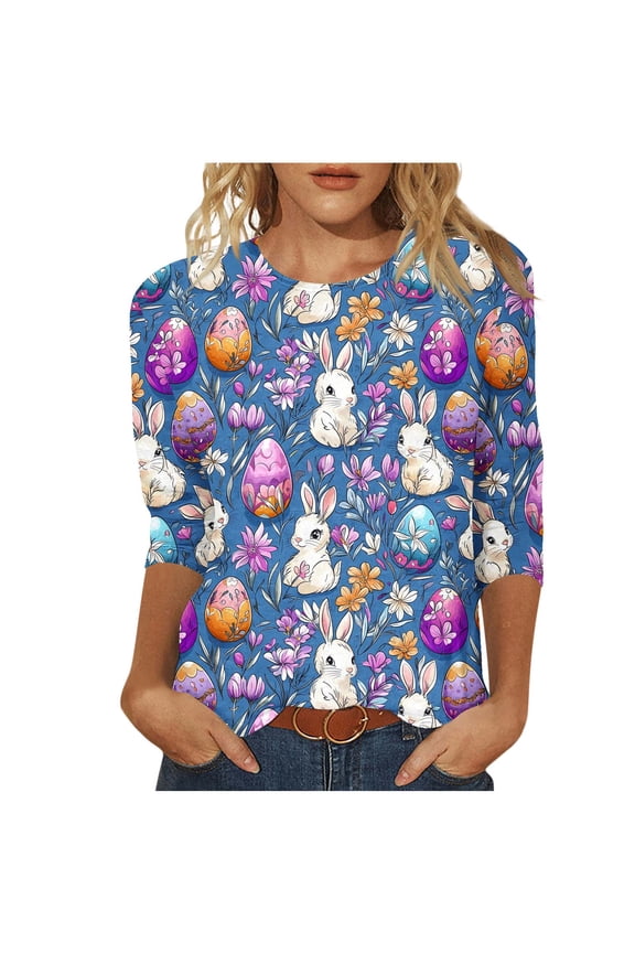 Blouses for Women,Women Easter Shirts 2025 Cute Rabbit Bunny Pullovers Religious Tunic Blouse Funny Egg Graphic Tees 3/4 Length Sleeve Tops