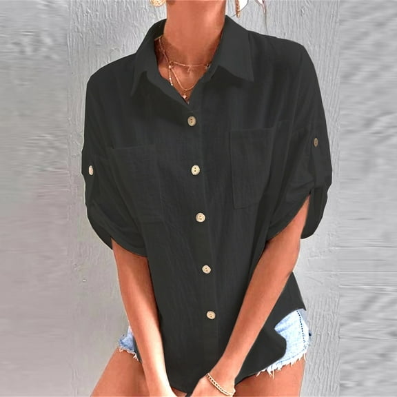 Blouses for Women Women's Fashion Cotton Linen Solid Colour Button Pocket Fashion Blouse Top