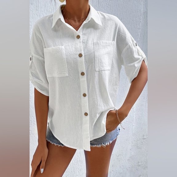 Blouses for Women Women's Fashion Cotton Linen Solid Colour Button Pocket Fashion Blouse Top