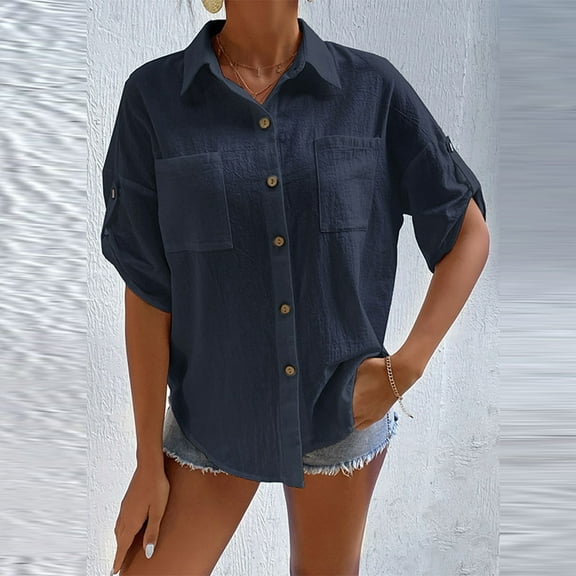 Blouses for Women Women's Fashion Cotton Linen Solid Colour Button Pocket Fashion Blouse Top