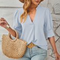 thumbnail image 1 of Blouses for Women Women's Summer Loose Elegant Solid Color V-Neck Mid Sleeve Top, 1 of 8