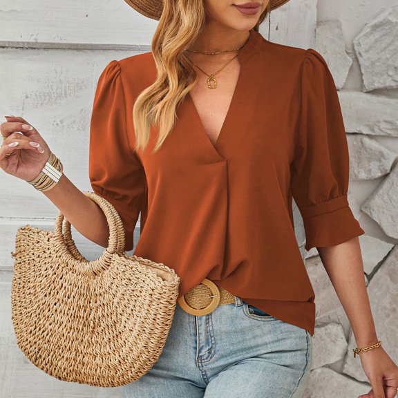 Blouses for Women Women's Summer Loose Elegant Solid Color V-Neck Mid Sleeve Top