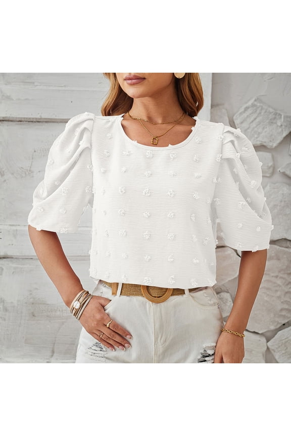 Blouses for Women Women's Tops Casual Fashion Round Neck Bubble Sleeve Casual Tops
