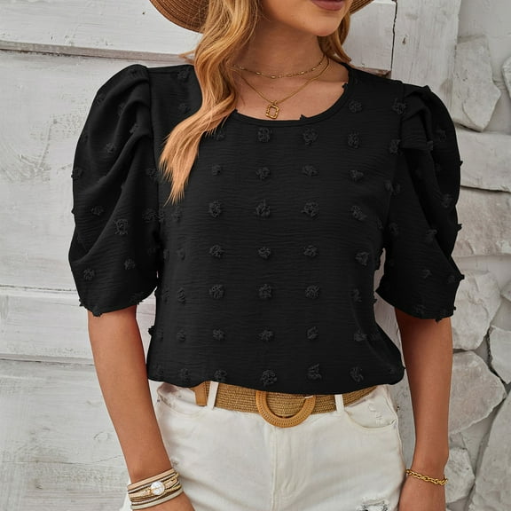 Blouses for Women Women's Tops Casual Fashion Round Neck Bubble Sleeve Casual Tops