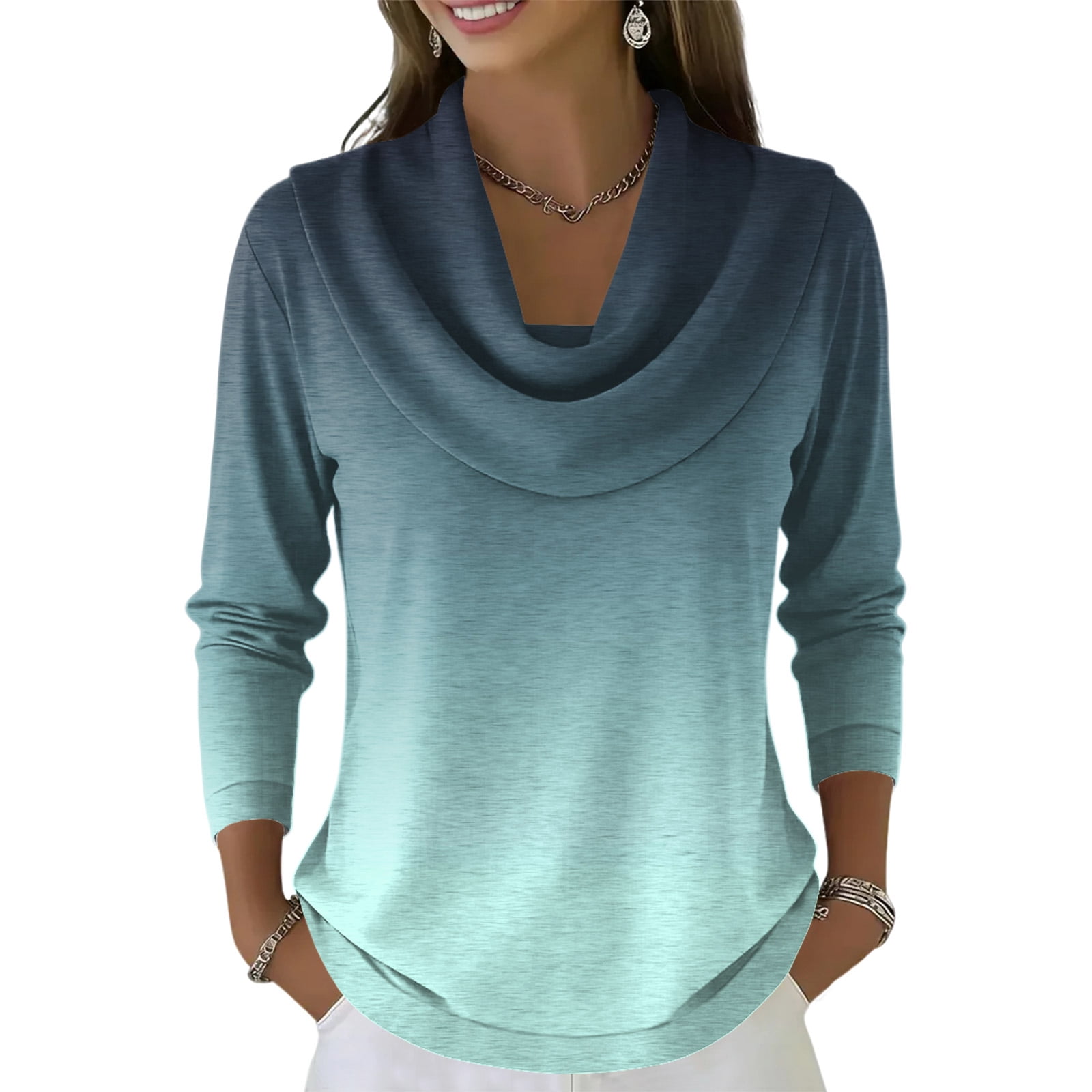 Blouses for Women Ombre Cowl Neck Long Sleeve Gradient Color Draped ...