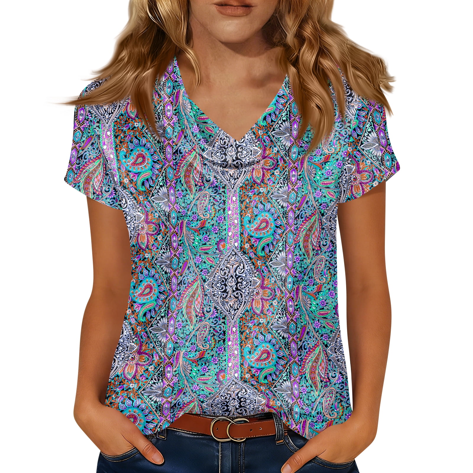 Blouses for Womens Short Sleeve V-Neck Summer Top Casual Lightweight ...