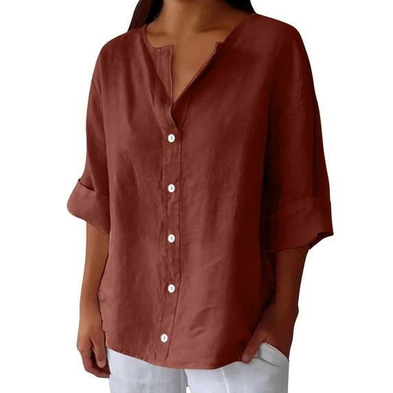 Blouses for women dressy casual Three-quarter sleeves Cotton and Linen Soft Clothing XXXXL Brown womens blouses