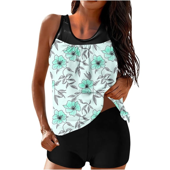 Blouson Tankini Swimsuits for Women 2 Piece Bathing Suits with Boyshorts Floral Modest Summer Beach Swimwear (XL, Green)