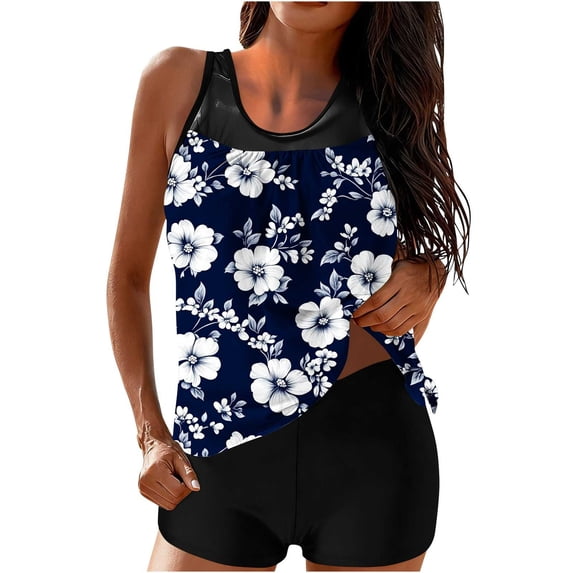 Blouson Tankini Swimsuits for Women 2 Piece Bathing Suits with Boyshorts Floral Modest Summer Beach Swimwear (XL, Navy 01)