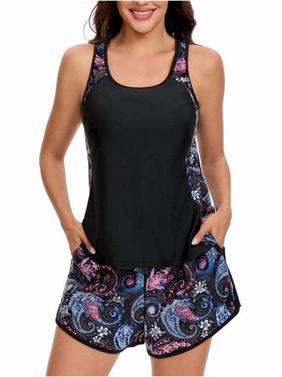 Blouson Tankini Swimsuits for Women Tummy Control Two Piece Bathing Suits with Sporty Pockets Swim Shorts