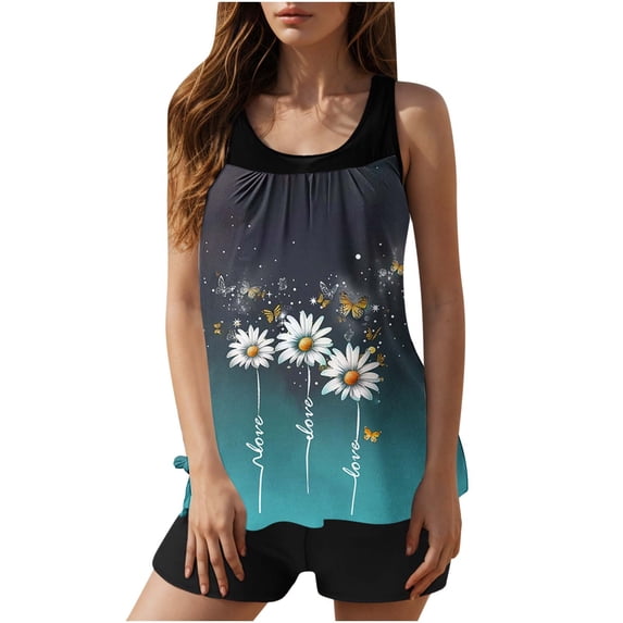 Blouson Tankini Swimsuits for Women Tummy Control Two Piece Bathing Suits with Sporty Pockets Swim Shorts