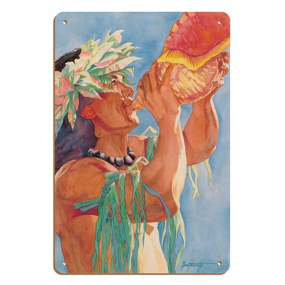 Blow the Conch Horn (Ke Kani O Ka PÅ«) - Hawaiian Ceremonial Blessing - From an Original Watercolor Painting by Janet Stewart - 8 x 12 inch Vintage Wood Art Sign