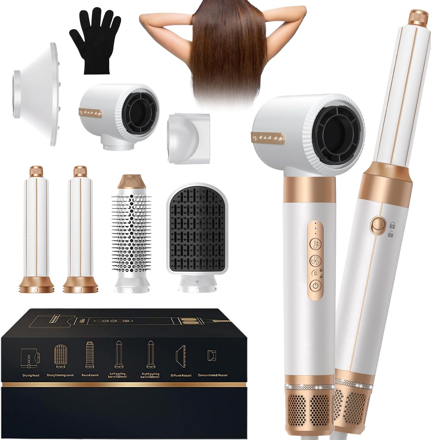 Blow Dryer Brush, 7 in 1 Hair Dryer Brush Blow Dryer with 110000PRM High-Speed Negative Ionic, Multistyler Hair Styling Tools with Curling Wand Straightener Brush Volumizer, Auto Air Curler