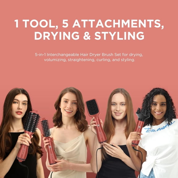 Blow Dryer Brush Set, 5-in-1 Multi-Styler for Drying, Salon Blowouts, Smooth Curls, Sleek Styles, Ionic Hot Air Brush with Soft Tufts & Nylon Bristles for Frizz-Free Hair, Strawberry Bronze