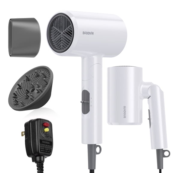 BABONIR 1875W Foldable Hair Dryer, Lightweight Ionic Blow Dryer with Diffuser and Concentrator for Everyday Home Styling, Compact Design, White