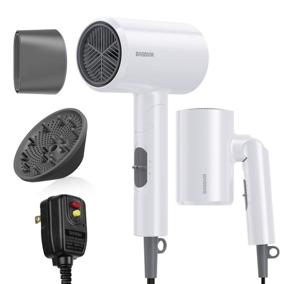 BABONIR Ionic Negative Ion Hair Dryer with Diffuser, 1875W Fast Drying, 3 Heat 2 Speed, Foldable Compact for Minimalist Home, White