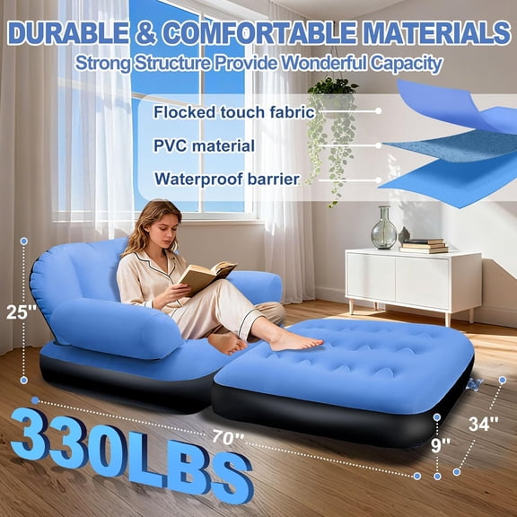Blow Up Pull Out Couch with Headboard, Inflatable Chair with Flocked Surface, Folding Inflatable Chairs for Adult, Portable Inflatable Sofa,  Inflatable Couch, Inflatable Couches for Camping