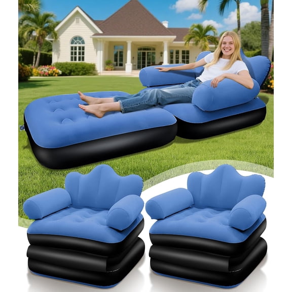 Blow Up Pull Out Couch with Headboard,Inflatable Couch with Flocked Surface,Folding Inflatable Chair for Adults,Portable Air Sofa Bed,Durable Air Couches,Inflatables couches for Camping-2pcs