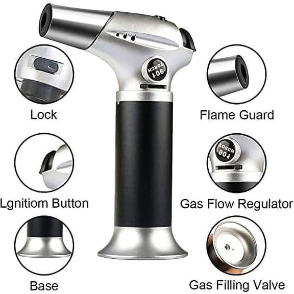 Blow Torch, Home-Grade Kitchen Cooking Torch with Lock Adjustable Flame Refillable Mini Blow Torch Lighter for BBQ, Baking, Brulee Creme,Light Cooking Tasks,DIY Soldering (Butane Gas Excluded)