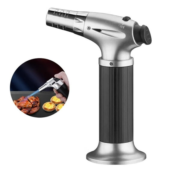 Blow Torch with Safety Lock and Adjustable Flame, Butane Torch Kitchen Torch Cooking Torch for BBQ, Baking, Brulee Creme, Crafts and Soldering (Fuel Not Included) (Color : Silver)