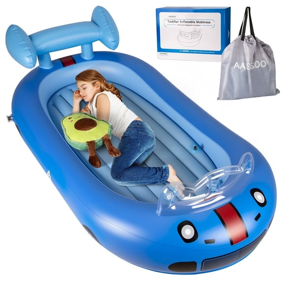 Blow up Inflatable Toddler Travel Bed with Sides, Toddler Air Mattress for Camping, Traveling, Hotel, or Home Use,Avocado Plush Toy Included