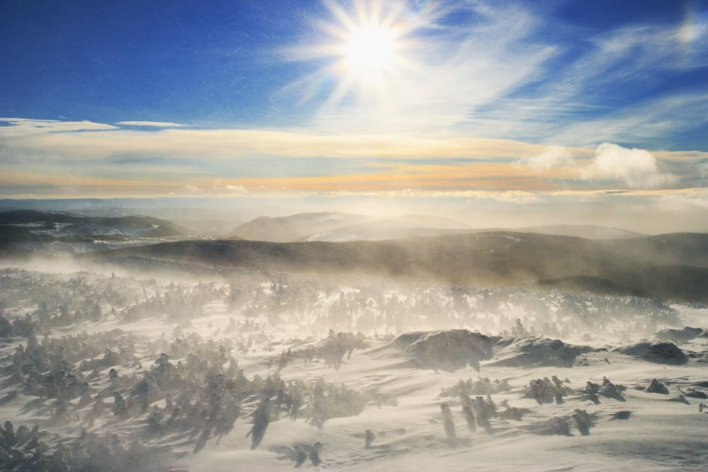 Blowing Snow And Mont Logan At Sunrise Gaspesie National Park Quebec Canvas Art - Yves Marcoux Design Pics (34 x 22)